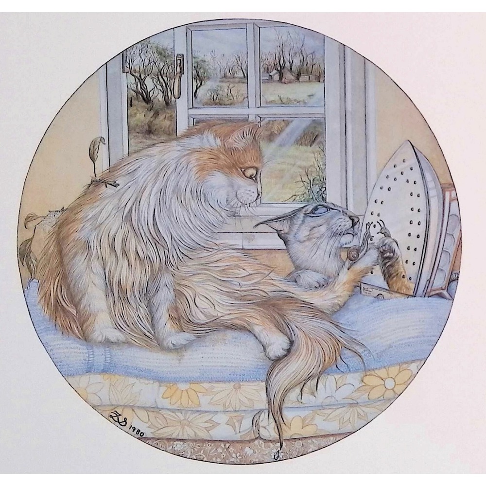 Vintage 1980 Cat Art Book Plate Cats Ironing Funny Feline Wall Decor Cottagecore